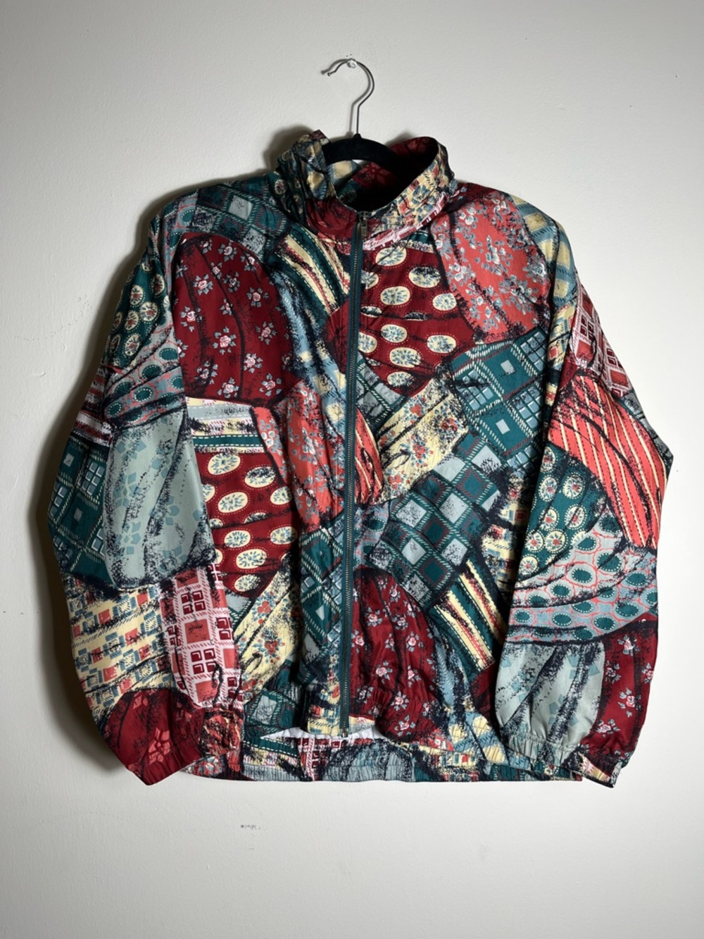 Vintage EVR 100% Silk Windbreaker Jacket Womens L Patchwork 90s Full‎ Zip Retro